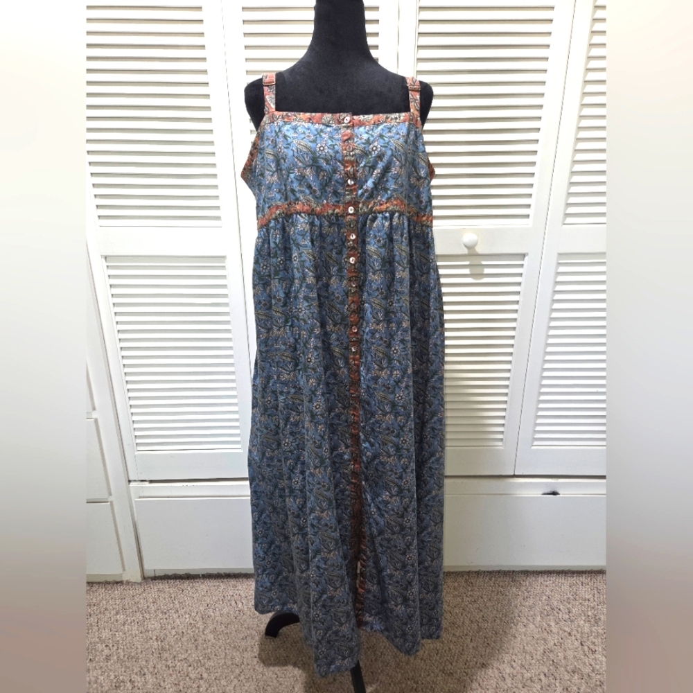 NATURAL LIFE - Blue and Burnt Orange Floral Maxi Dress - L
